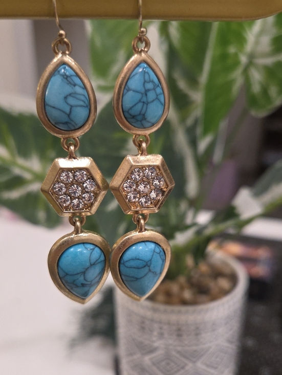 Jewelry - Gold Plated Turquoise Drop Earrings - Blue Teardrop Dangles